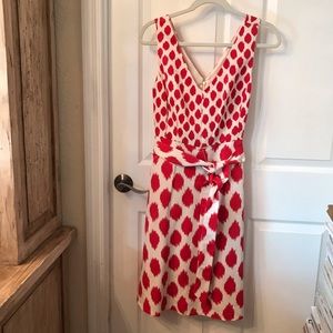 Donna Karan New York Red and White Sleeveless Belted Dress